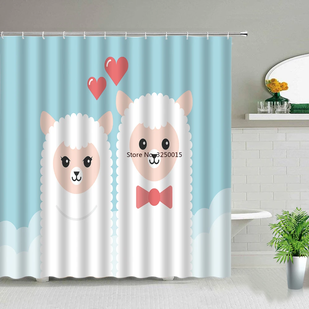

Bohemian Style Animal Alpaca Cactus Flower Cat Butterfly Shower Curtain Floral Plant Bath Screen Waterproof Bathroom Curtains