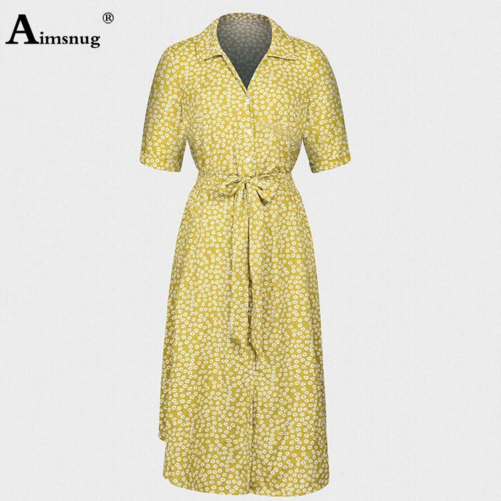 

Aimsnug Summer Vintage Mid-Calf Dress with Belt Women Bohemian Flower Print Sundress A-line Party Vestidos Femme Retro Dresses