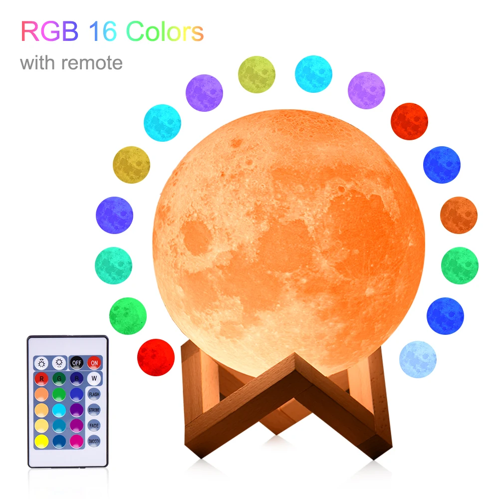 16 colors remote Rambery moon лампа 3d принт ночник перезаряжаемый 3 цветной кран лампа управления огни 16 цветов Изменение дистанционного светодиоды лунного света подарок - Испускаемый цвет: 16 colors remote