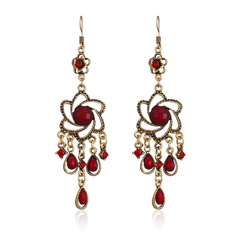 

Bohemia Ethnic Earrings Women 2021 Vintage Hollow Flower Resin Gem Dangle Earrings Indian Jewelry Pendientes
