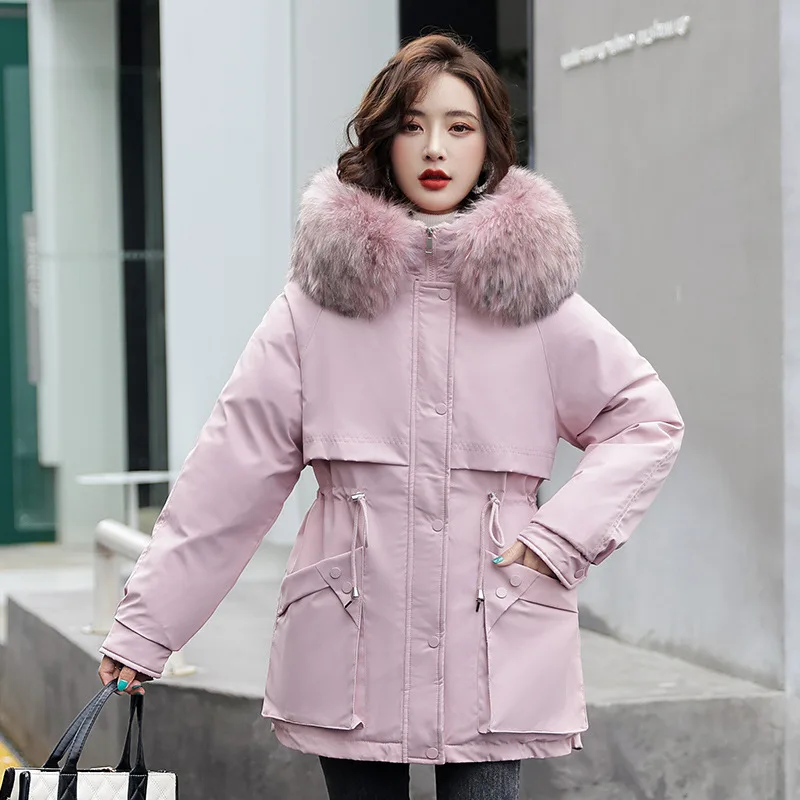 

Aibeautyer новая зимняя модная однотонная свободная пуговица теплая Толстая мягкая верхняя одежда женская парка с большим меховым воротником и ...