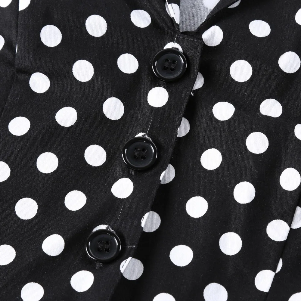 

Polka Dot Black Pin Up Women Cotton Midi Dresses Floral Print Plus Size Swing Aline Party Dress Short Sleeve Knee-Length Vestido