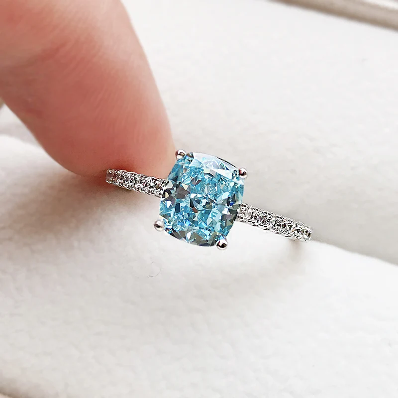 

100% 925 Silver Radiant Cut 6.5*7.5MM Aquamarine Ring High Jewelry Gift
