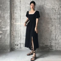 anbenser korean style temperament elegant slim square neck pleated lace stitching aline high waist puff short sleeve split dress