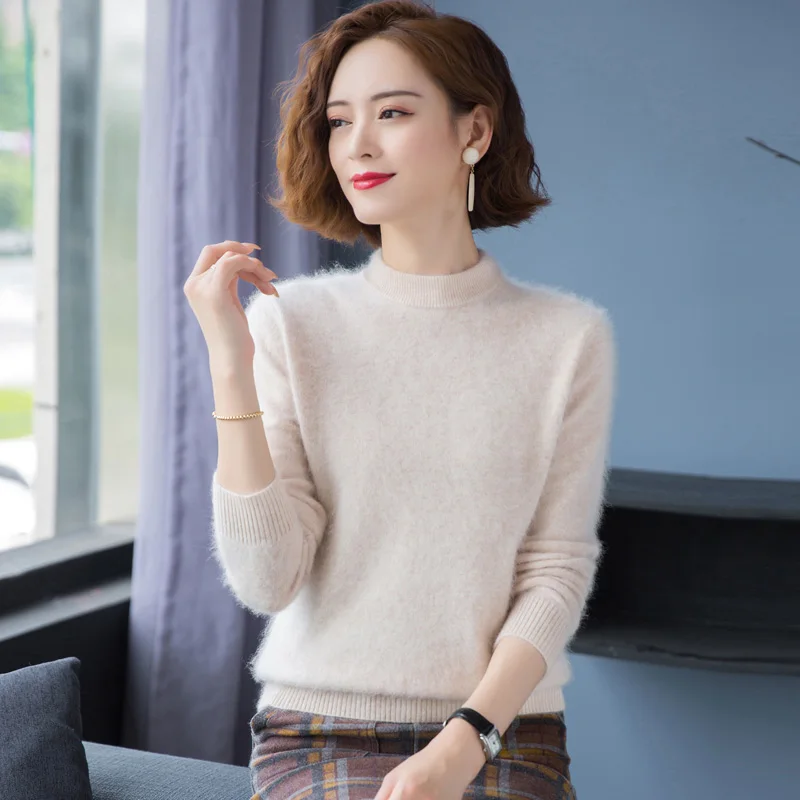 

Mink wool sweater women's half high neck loose large size knit bottoming autumn and winter wear short thickening to keep warm