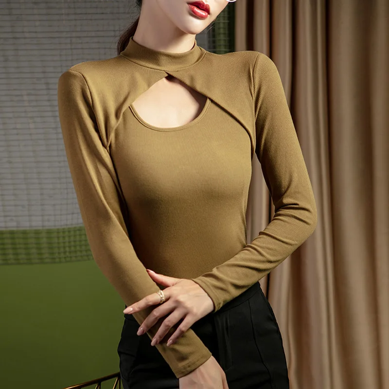 

WWENN Korean Cotton Tshirt Woman Clothes Tee Shirt Femme Long Sleeve Hollow out T Shirt Women Autumn Tops Folds Slim T-Shirt