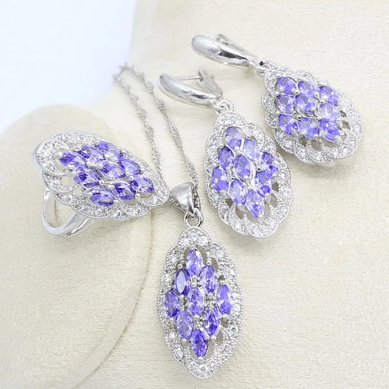 Наборы из натурального фиолетового полудрагоценного ювелирного серебра для женщин - серьги, кольцо, подвеска, ожерелье, браслеты.