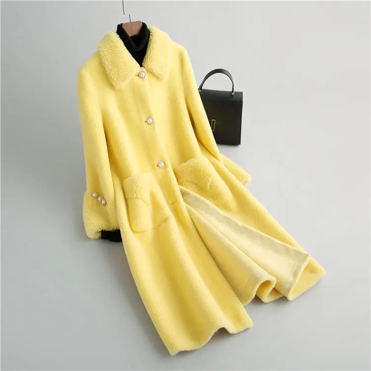 Ladies Fashion Slim  Fur Jacket  Fur Jacket  Lapel Mid-length Solid Color Real Lambswool Coat Winter 2022 Lemon Y27