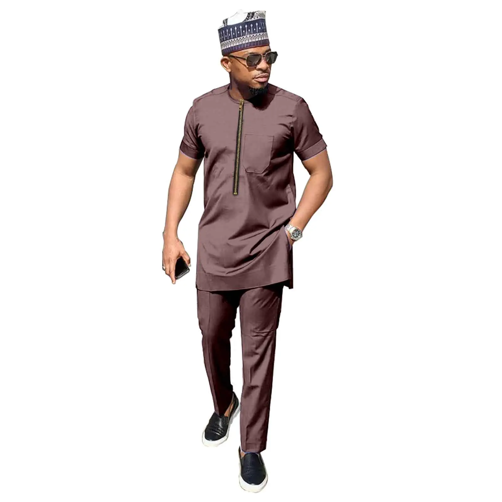 African Clothes for Men Ankara Dashiki Short Sleeve Men Set for Wedding for Party AFLIONE V2116039