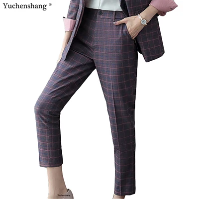 Pink Plaid Pant Новинка, повседневные женские брюки длиной до щиколотки, высокое качество, прямые брюки, средняя талия, узкие брюки, красные, синие, черные, розовые - Цвет: Pink Plaid Pant