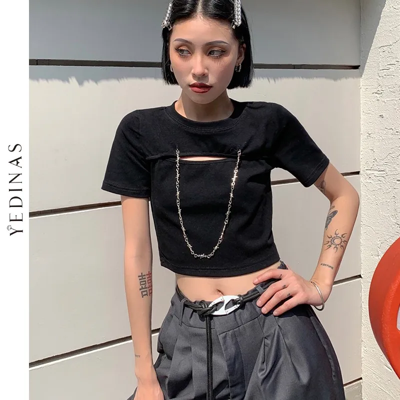 

Yedinas Gothic Slim Crop Top Women Chain Hollow Out Short Sleeve T-shirt Grunge Clothes Korean Japanese Black Tshirt Streetwear