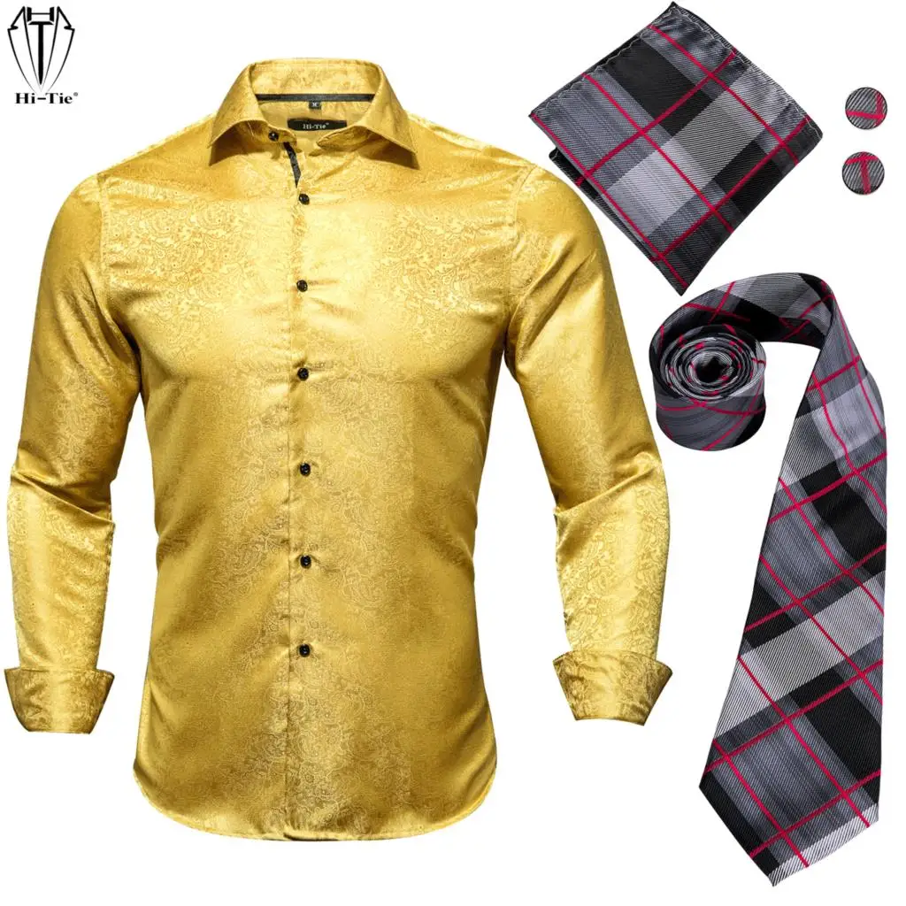 

Hi-Tie, роскошные шелковые мужские рубашки с длинным рукавом, золотистая рубашка с узором пейсли, коричневая клетчатая рубашка с воротником, г...