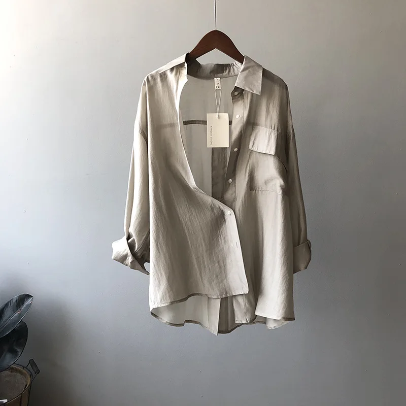 

2021 Summer New Korean Style Loose Shirts Very Soft Long Sleeve Sunscreen Woman Blouse Simple Solid Oversized All Match Blusas