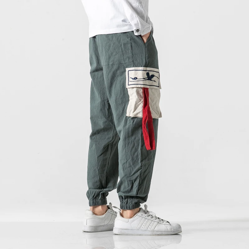 Sinicism Store, мужские шаровары,, Осенние, японский стиль, брюки-карго, Мужская Уличная одежда, с вышивкой, спортивные штаны, мужские свободные брюки, 5XL - Цвет: GrayBlue(Asian Size)