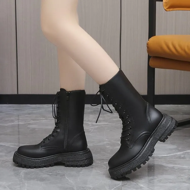 2022 winter new black thick-soled cloth mid-tube boots autumn British trend boots high-top Korean casual women's shoes boots