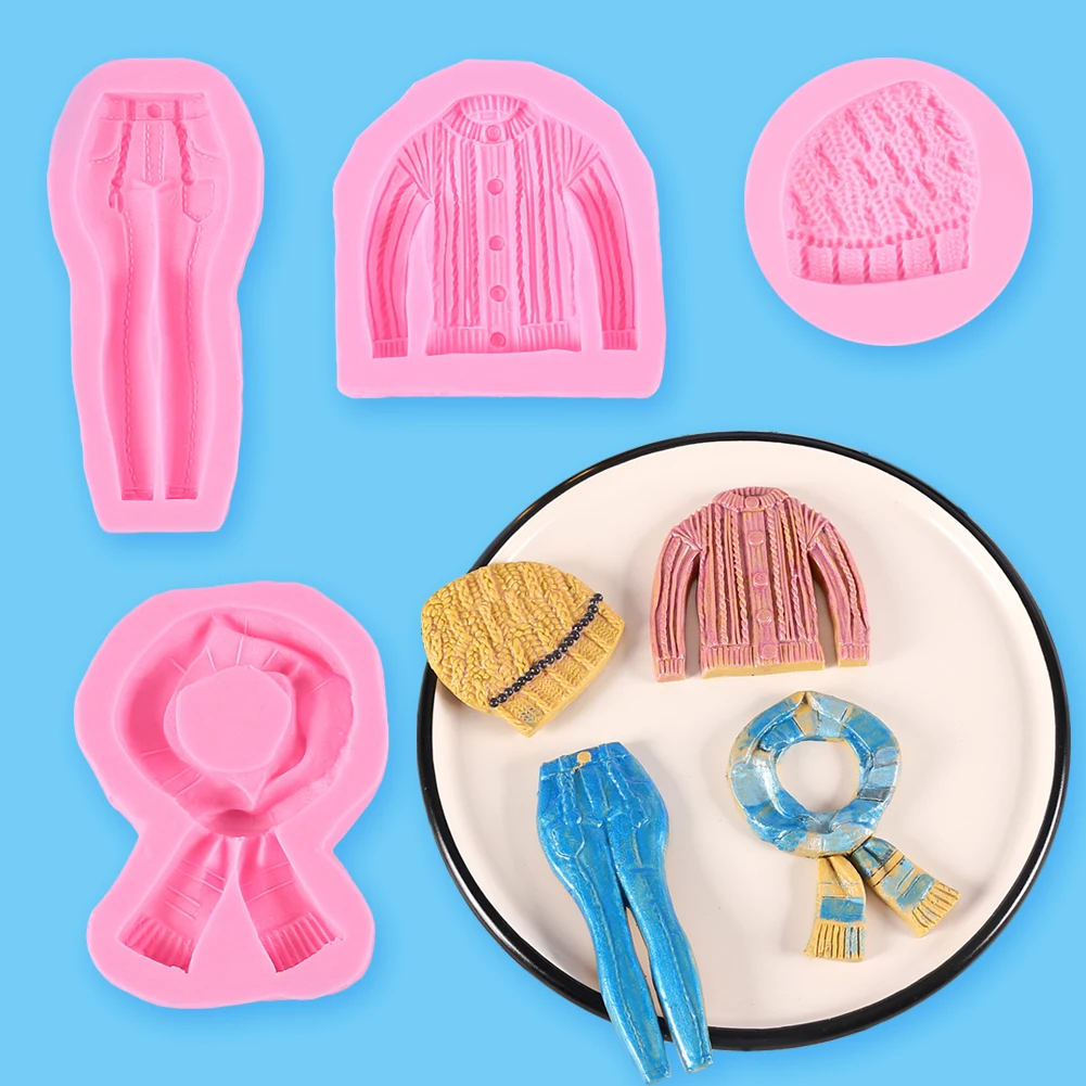 

4Pcs Knitted Hat Scarf Cardigan Skinny Pant Silicone Mold Set Cake Decorating Tools DIY Fondant Chocolate Dessert Baking Mold