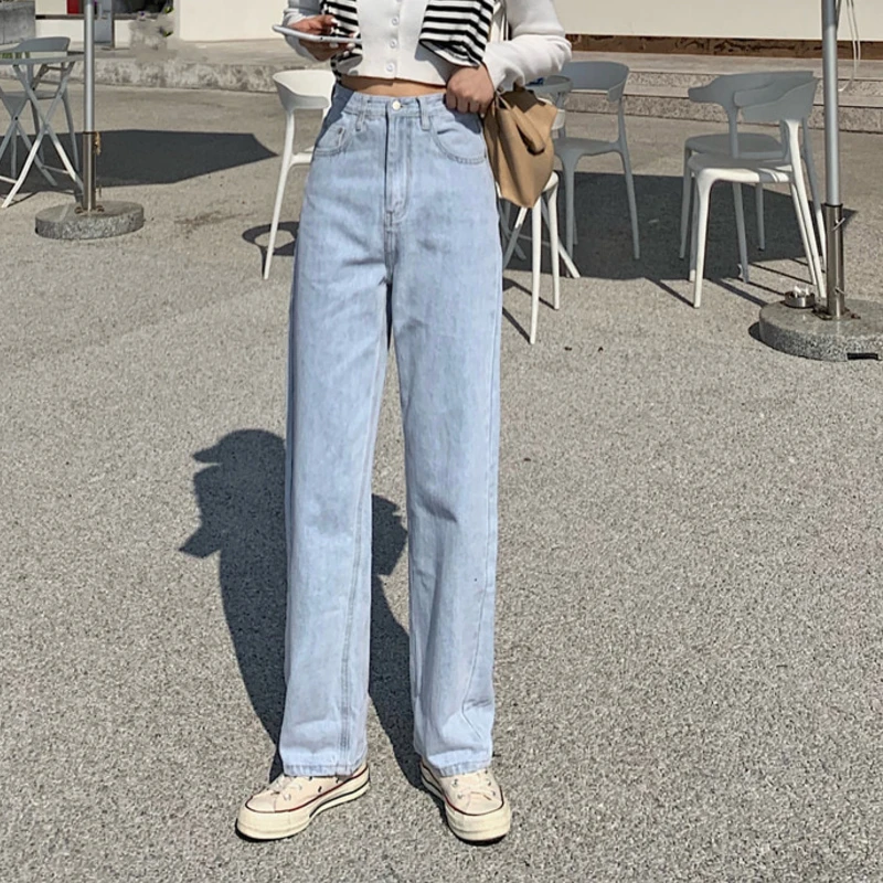 

Autumn Women's All-Match Light Blue Jeans, High Waist, Thin, Straight, Wide-Leg Trousers