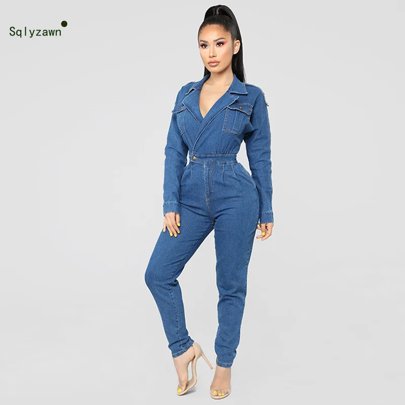 Женский джинсовый комбинезон на пуговицах синие комбинезоны с длинным рукавом и