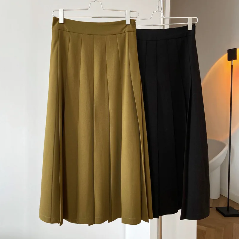 

Mozision 2021 Spring New Pleated Skirt Women's Zipper High Waist A-line Skirts Ladies Vintage Loose Elegant Skirt Bottom