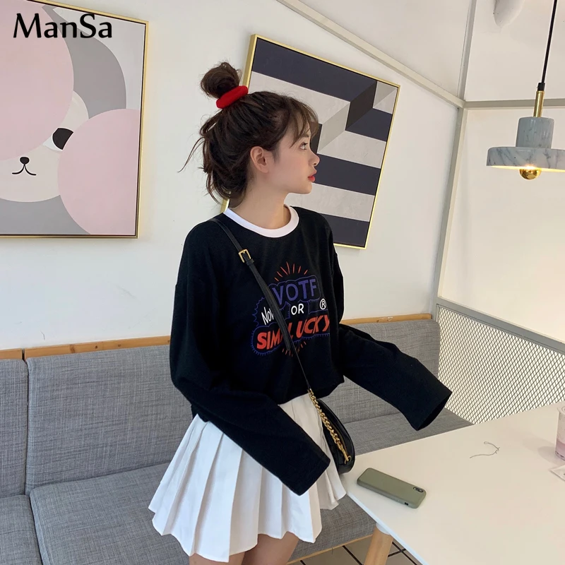 

Women Loose funny Letter Printed Tshirt Harajuku Black white tops Long Sleeve T-shirts Korean kawaii All-match Students t shirt