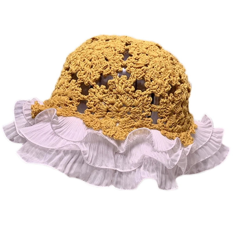 

Anti-UV Beach Sun Breathable Flower Holllow Out Hand-Woven Hats with Lace Wide Edge for Women Summer Spring Travel