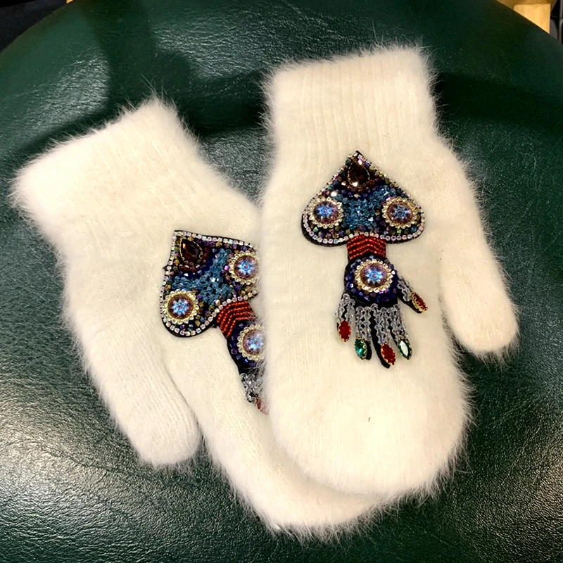 

Winter Crystal Women Gloves Octopus Rabbit Fur female double Warm Full Finger Mittens Christmas Gifts winter gloves