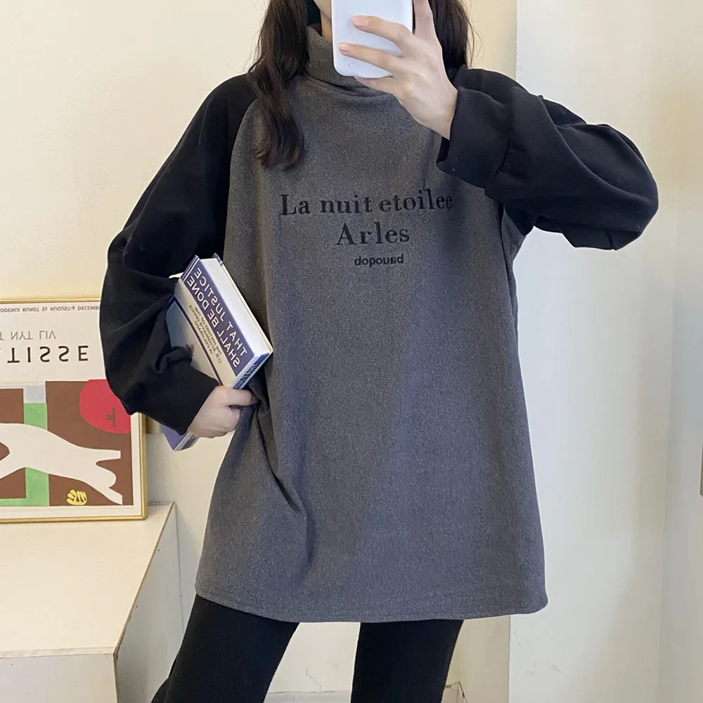 

Fashion Women T-Shirt Double-sided Brushed Thick Stitching Letter Long-sleeved Top Spring Autumn Thicken Clothing For Ladies