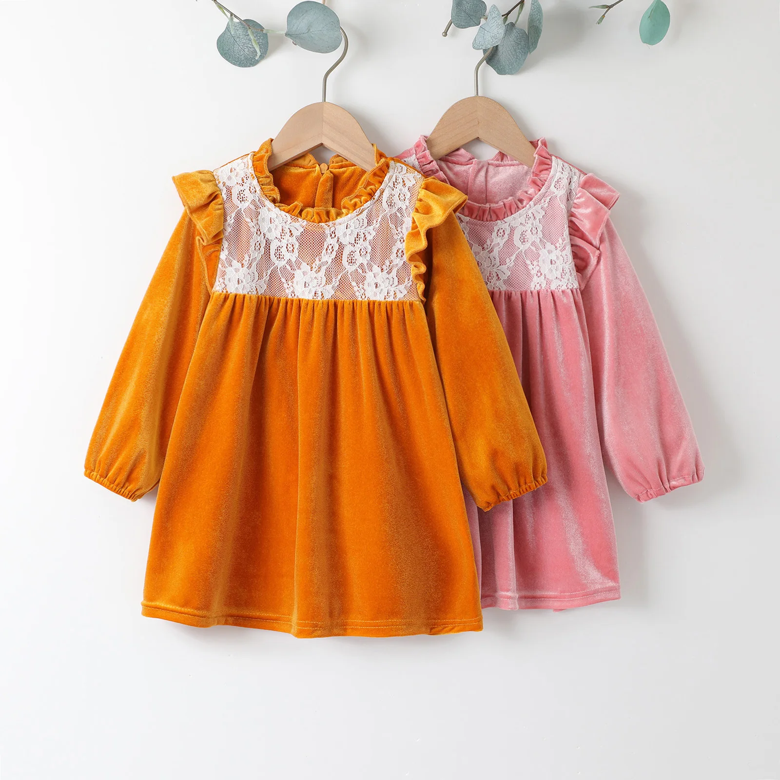 

Girl’s Casual Long Sleeve Dress Fashion Contrast Color Lace Stitching Round Neck A-line Dress