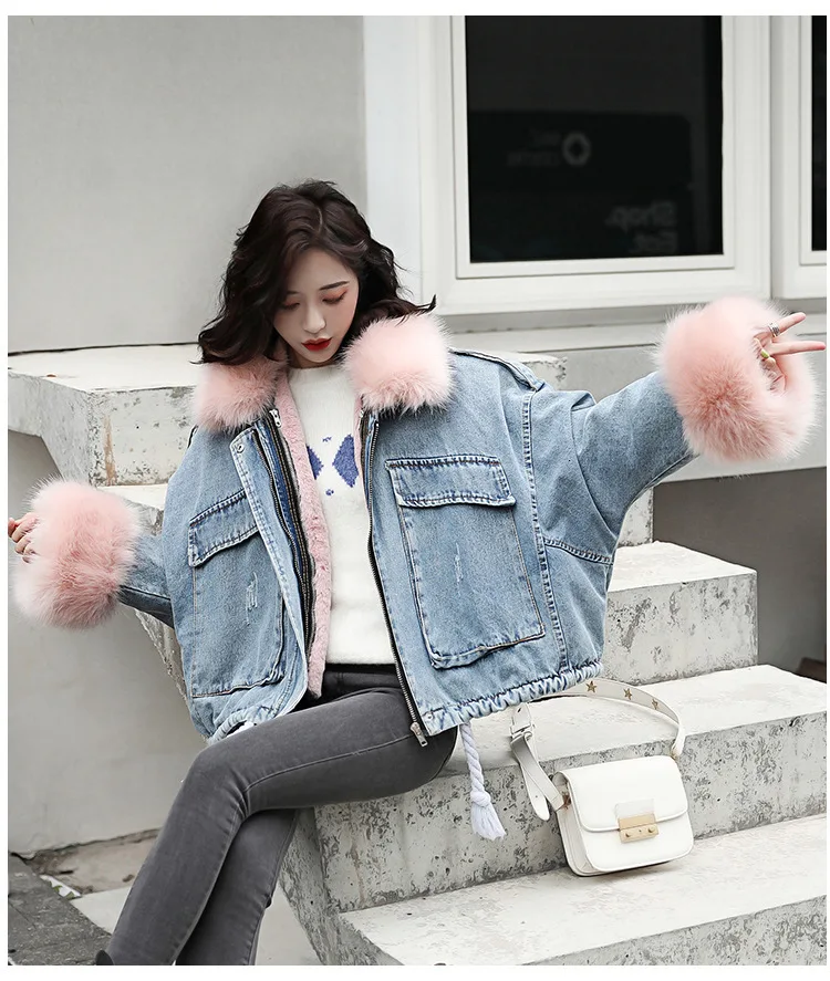 

Fashion Korean Thicken Women Jeans Jacket Winter 2019 Long Sleeve Big Fur Collar Warm Ladies Denim Coats Outerwear Overcoat
