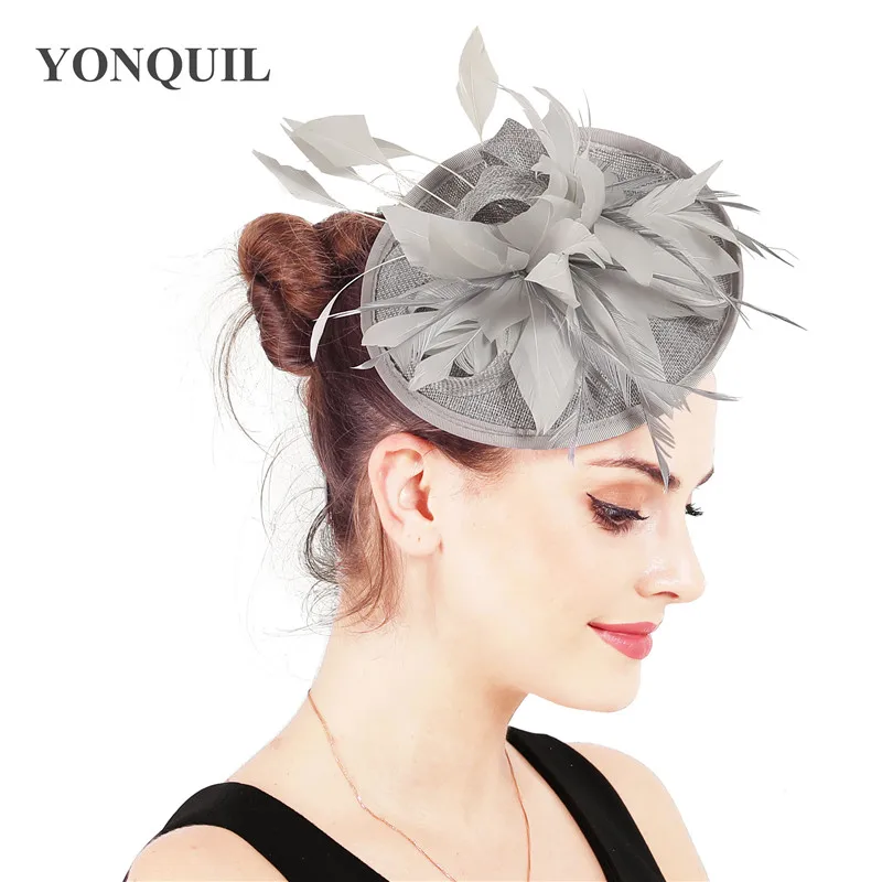 Головной убор Sinamay Женский Вуалетка серого цвета с имитацией перьев шляпка для