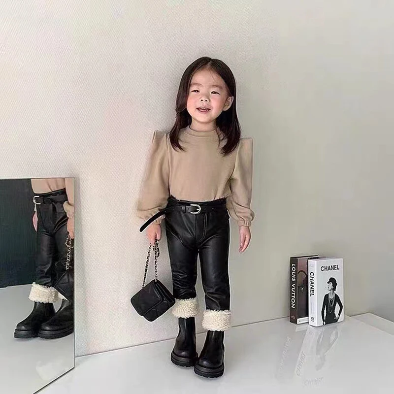 

Winter Autumn Girls Pu Leggings Baby Skinny Pants Kids Bottoms Children Tights Fashion Faux Leather Velvet Solid 1 To 6 Yrs