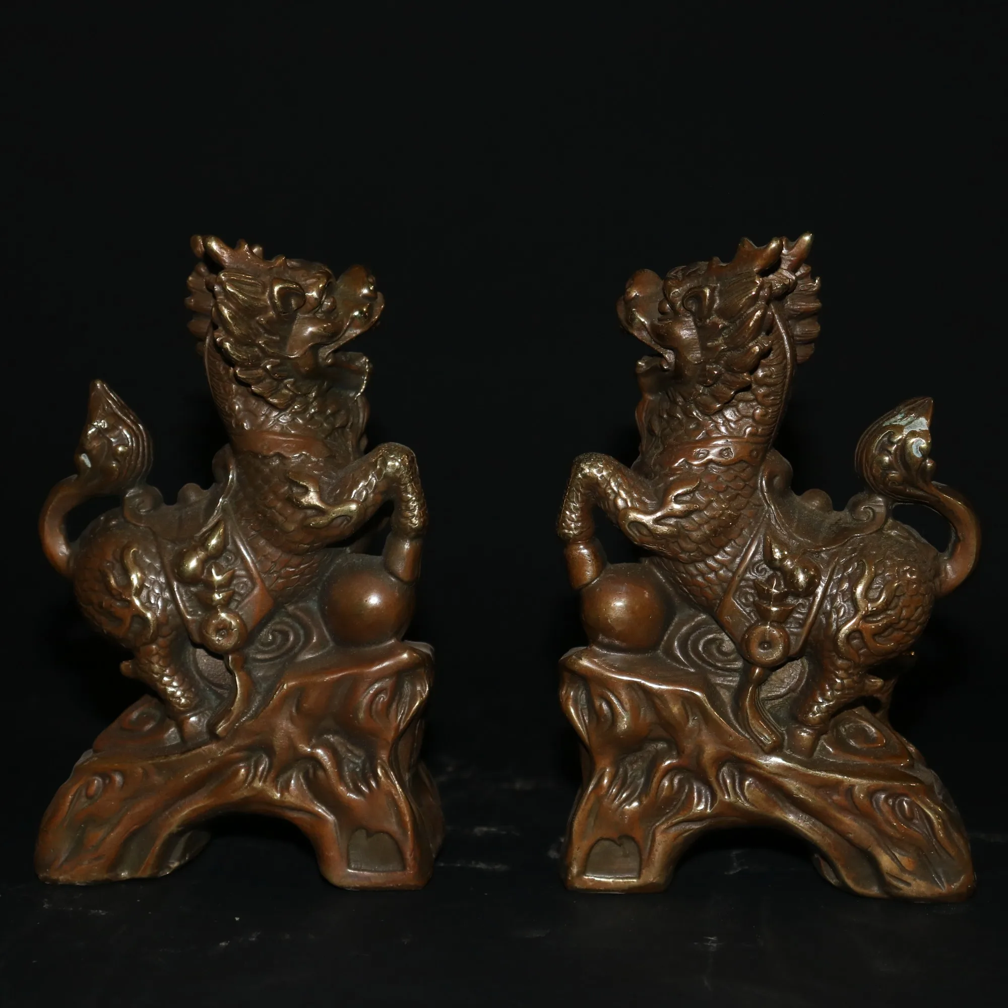 

6"Chinese Folk Collection Old Bronze Unicorn statue brave troops unicorn A pair Office Ornaments Town House Exorcism