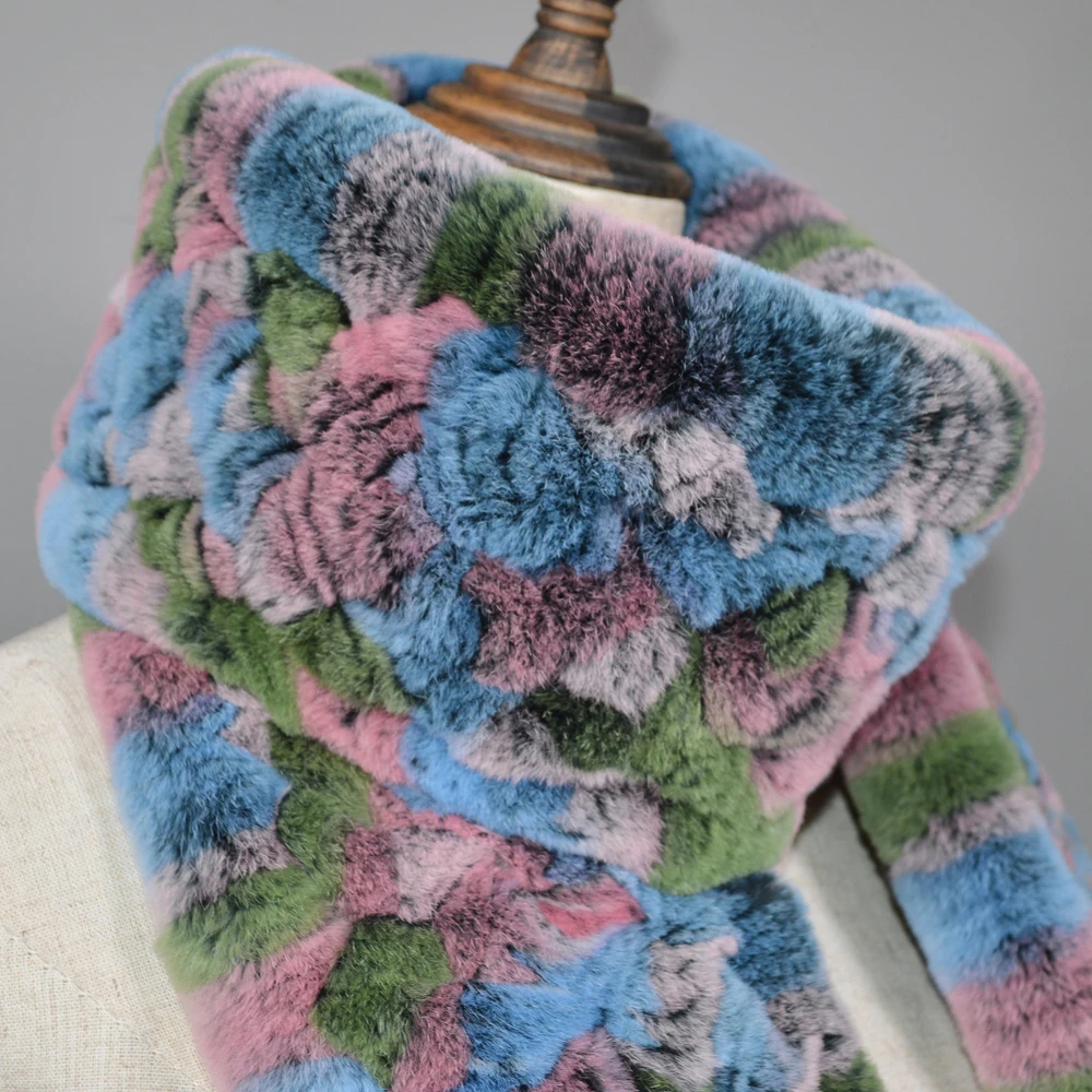 Winter Long Style Women Real Rex Rabbit Fur Scarf Rex Rabbit Fur Warm Soft Ring Scarfs High Quality Knit Rabbit Fur Scarves