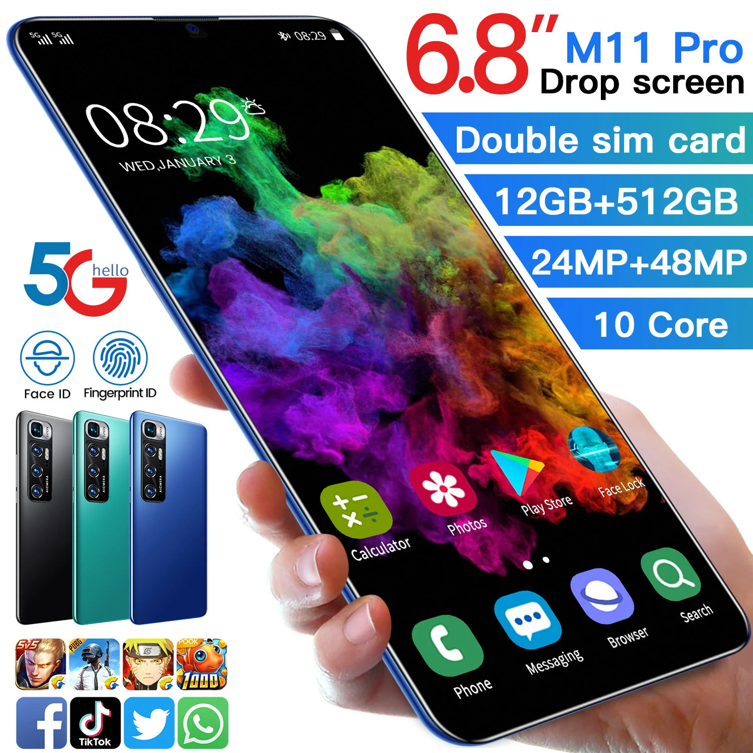 m11 4g 5g smartphone 6 8inch 12512gb mobile phone with dual sim cards support wireless bluetooth gps face unlock android free global shipping