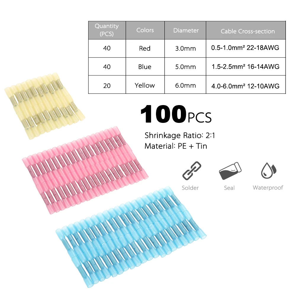 Hot 100PCS 3Size AWG Solder Seal Wire Connectors Heat Shrink Butt Connector Terminals Electrical Waterproof Insulated | Обустройство