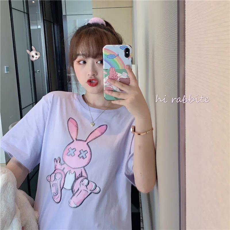 

Женские футболки, топы, японские кавайные дамские свободные футболки Ulzzang с мультяшным принтом кролика, Женская Корейская одежда в стиле Харадзюку для женщин