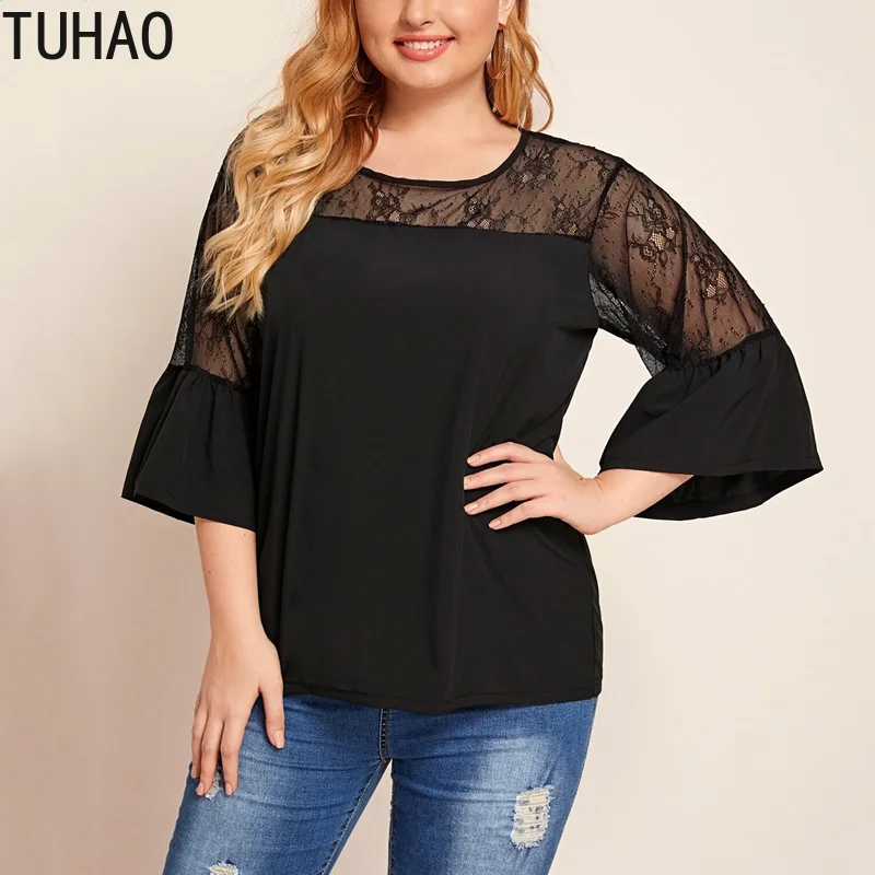 

TUHAO summer women shirt blouse plus size 8XL 7XL 6XL 5XL sexy flared sleeve top office lady lace large size clothing for woman