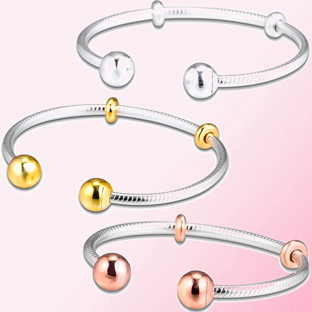 

2019 Autumn 1:1 Glamour Jewelry 100% 925 Sterling Silver Rose Gold Shine Moments Snake Chain Style Open Bangle Bracelet