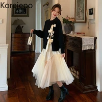 korejepo women 2 piece set 2021 autumn new french retro sweet fairy temperament bandage long sleeve sweater net yarn long skirt