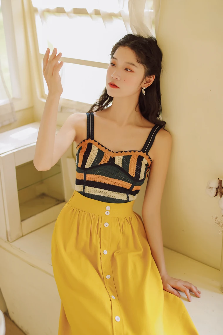 Новинка 2020 летний модный Цветной полосатый вязаный желтый жилет без рукавов топ +