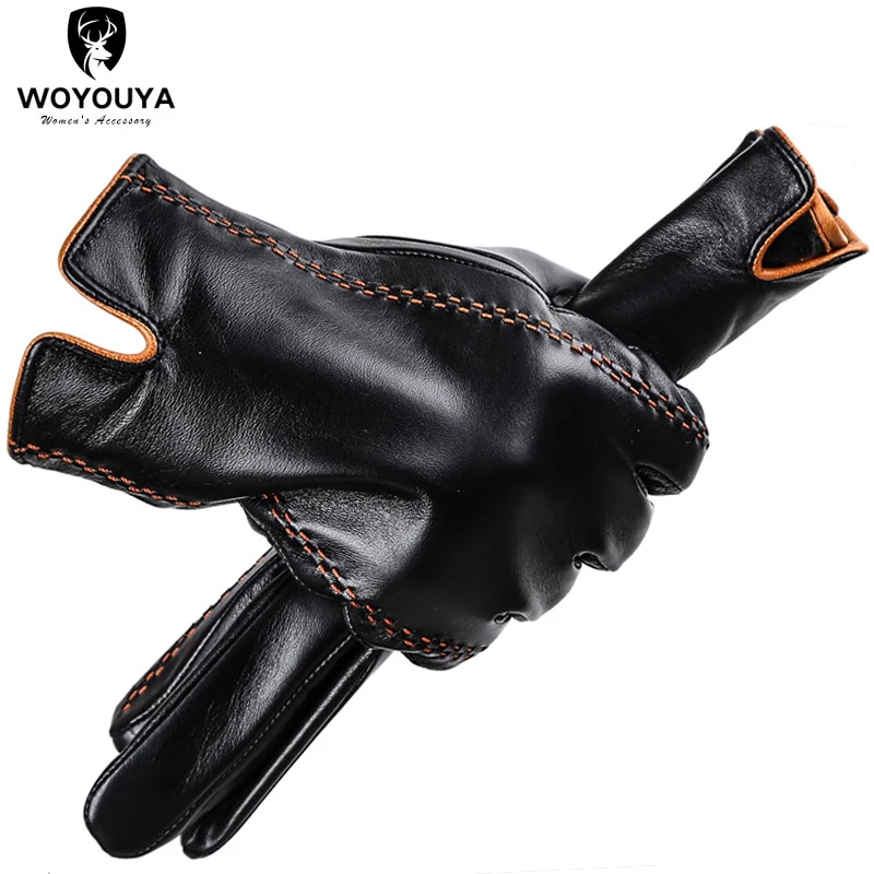 Модные зимние сенсорные перчатки из натуральной кожи теплые черные кожаные