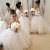 new designe cute long sleeves lace applique tulle flower girls dresses with covered button back hot little girl party gowns
