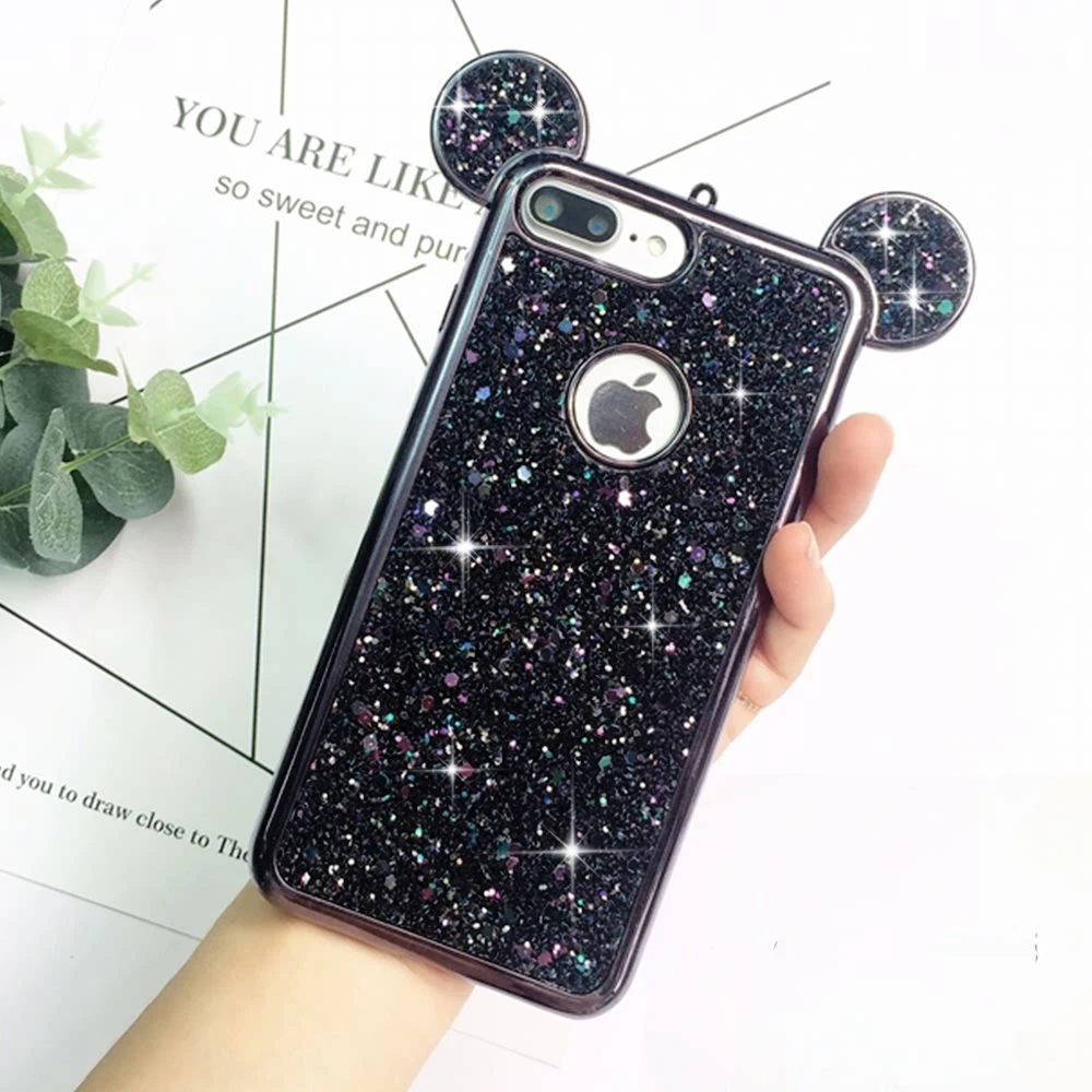 LAPOPNUT Bling Glitter Cover Diamond 3D Mouse Ears Slim Plating Phone Case for IPhone 11 Pro Xs Max X Xr 8 7 Plus 6 6s 5 5S SE | Мобильные