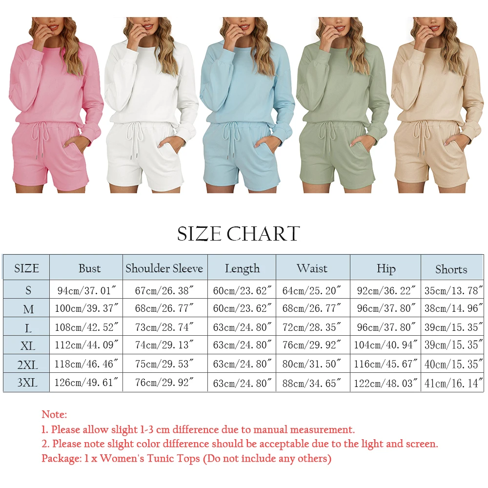 

Fashion Women Round Neck Pajamas Sets Casual Two Piece Sleepwear Long Sleeve Loose Crop Tops And Drawstring Shorts with Pockets