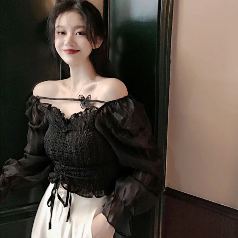 

Liva Girl Retro Blouse Korean v-Neck Shirt Butterfly Applique Sexy Long Sleeve Chiffon White One Size Camisa Top Vetements Femme