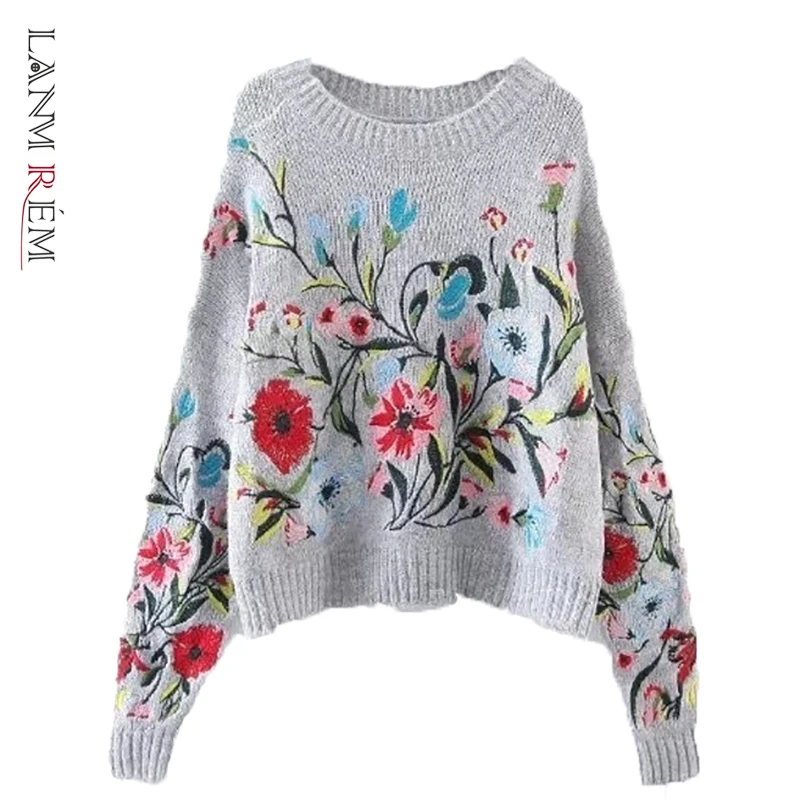 

LANMREM 2022 Korean Autumn Winter fashion new solid color round collar full sleeve loose embroidered sweater women V74702