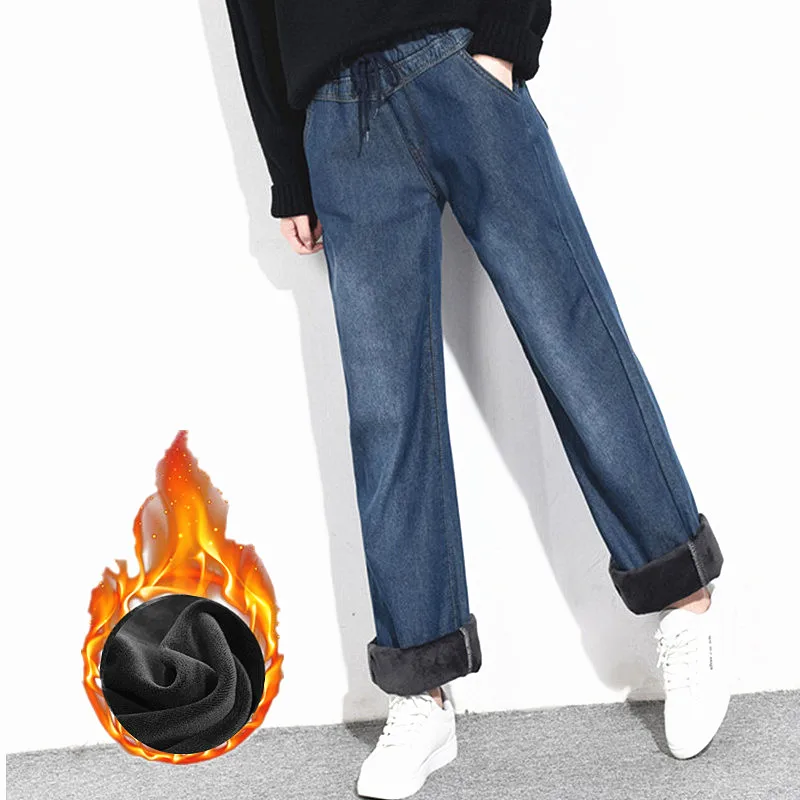 Женские расклешенные джинсы зимние утепленные бархатные Широкие джинсовые