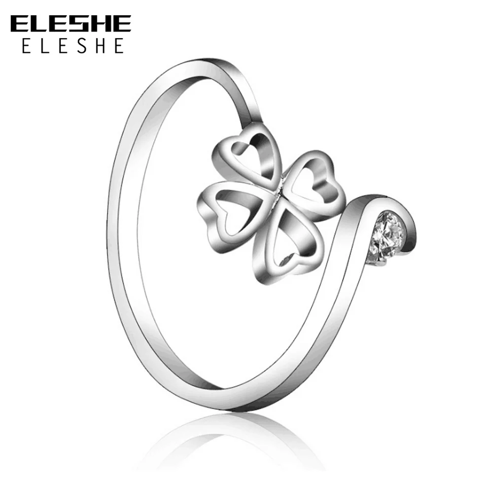 Женское регулируемое кольцо ELESHE серебряное с цветком клевера и открытым сердцем