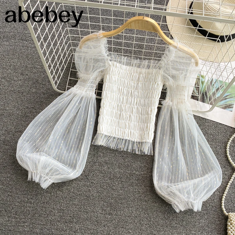 

Женская короткая рубашка, однотонная плиссированная сетчатая рубашка во французском стиле с воротником-лодочкой и рукавами-фонариками, в с...