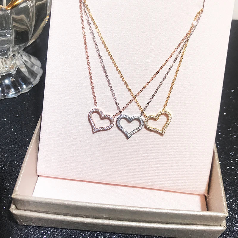 

YUN RUO Rose Gold Color Pave Cubic Zircon Stone Heart Pendant Necklace Titanium Steel Jewelry Woman Never Fade Free Shipping